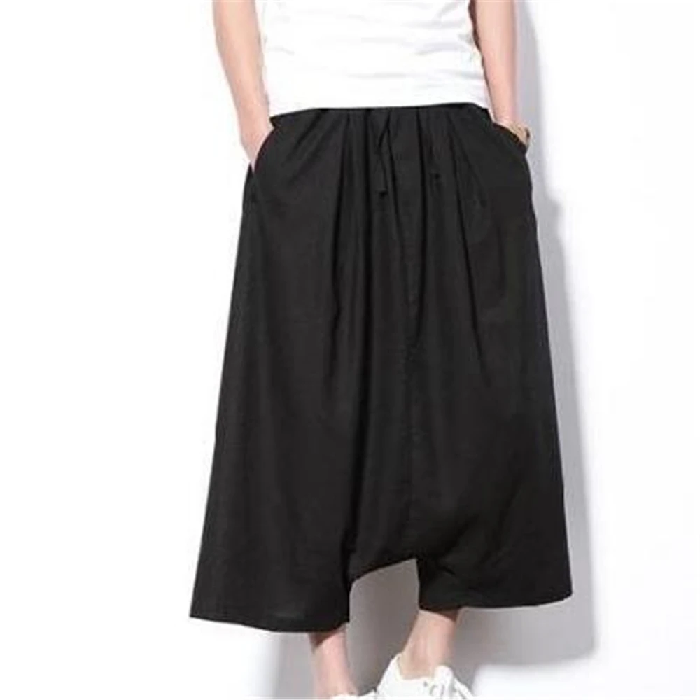 

2024 Korean Style Baggy Men Pants Men's Wide Crotch Harem Pants Cotton Linen Loose Large Cropped Trousers Wide-legged Bloomers