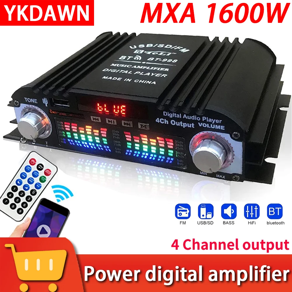 

1600W Peak Power HiFi Sound Amplifier Digital 4 Channel Audio Amplifier Bluetooth Karaoke Player FM Radio Support Remote Control