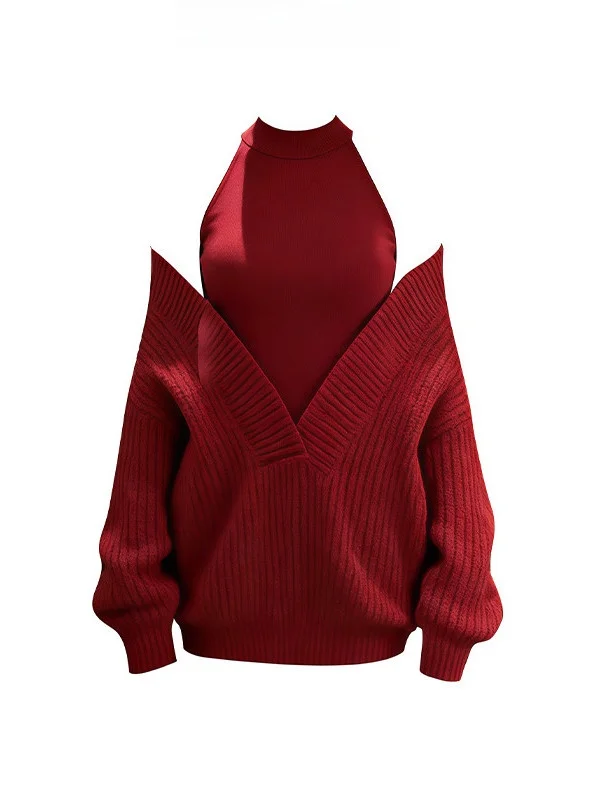 

Новогодний красный комплект: вязаный жилет и юбка для женщин, осенне-зимний модный свитер-двойка для взрослых девушек