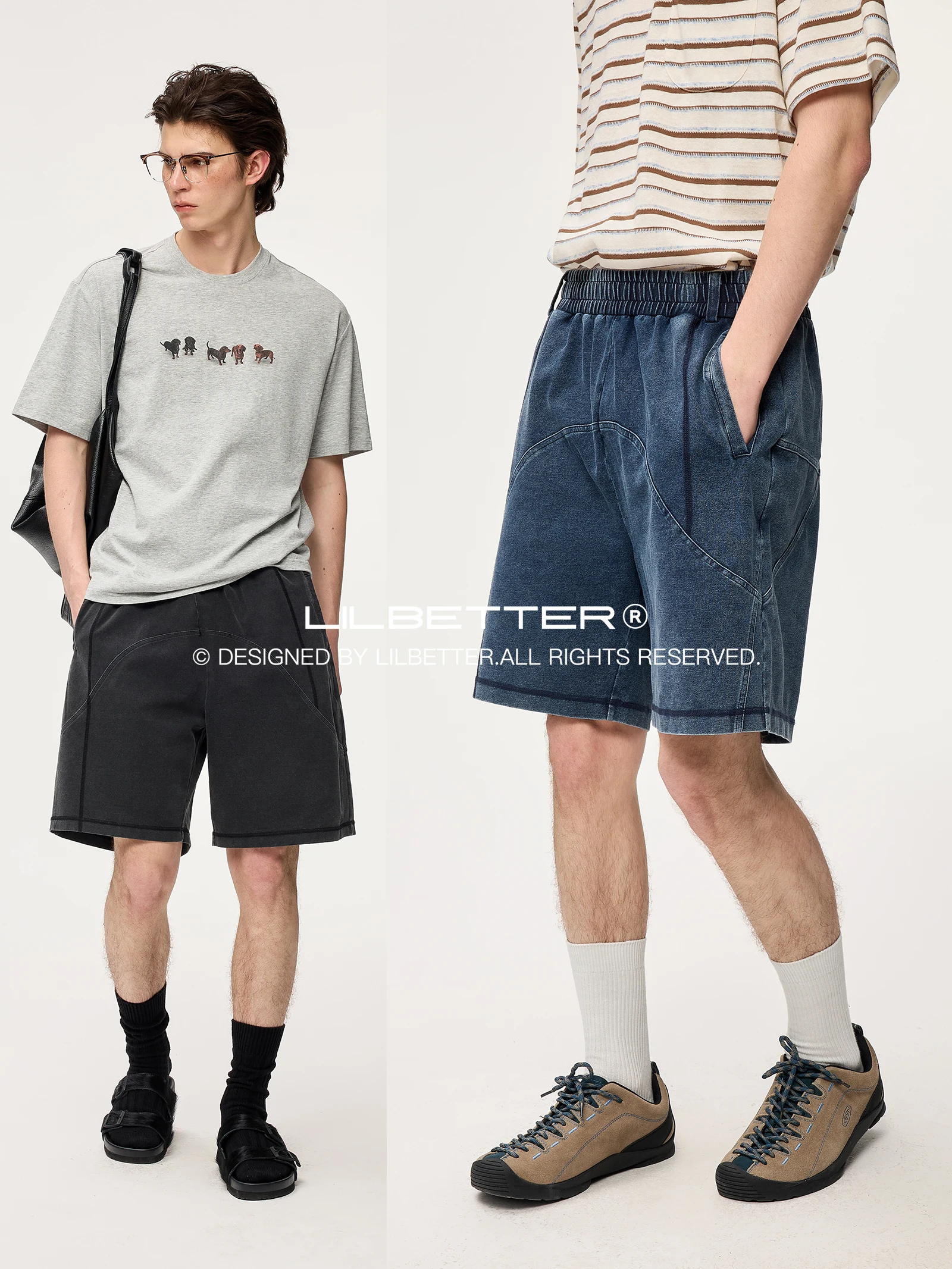 Lilbetter Hsu Line Washed Denim Shorts Elastic Waist Youth Casual Cotton Polyester Blend Summer Shorts Straight Leg Pure Color
