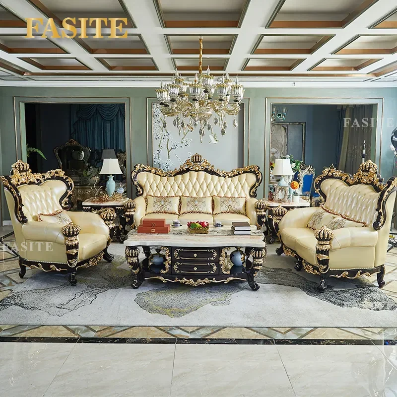 For European Style Large Living Room Sofa Set Ebony Solid Wood Frame First Layer Cowhide Leather Furniture Comfortable