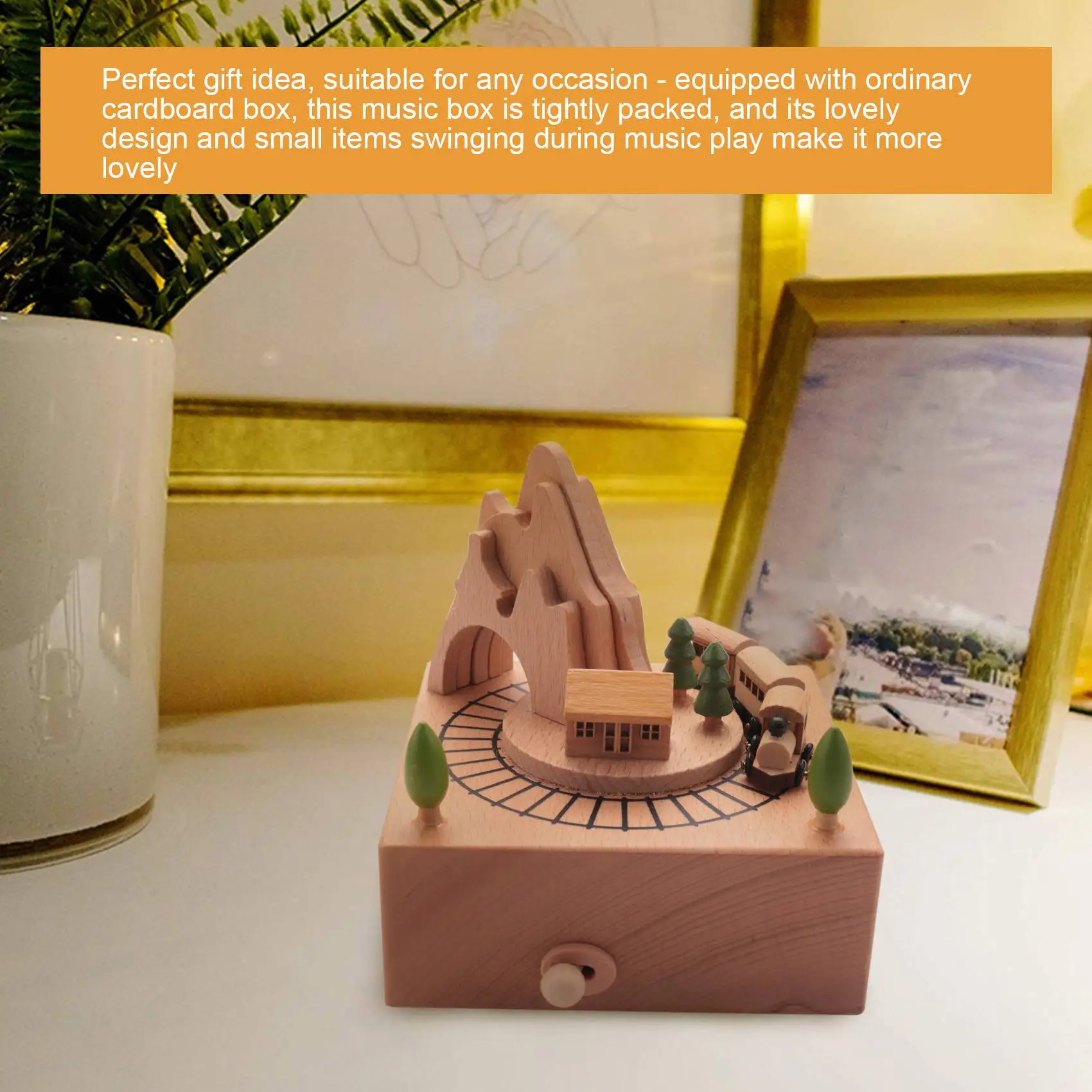 Wooden Musical Box Featuring Mountain Tunnel With Small Moving Magnetic Train Plays