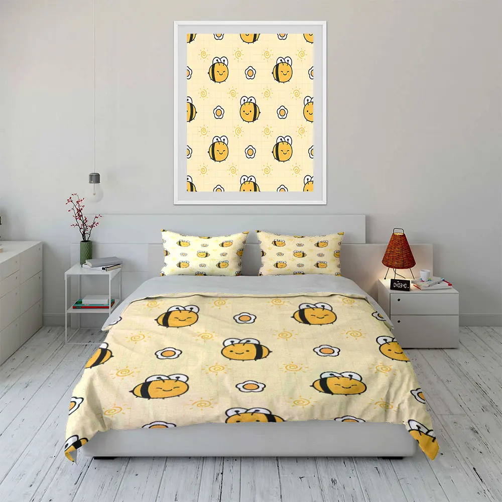 Cute bees and flowers pattern background Print Soft Comfortable Duvet Cover Bedding Set Included 1*Duvet Cover  2*Pillowcases