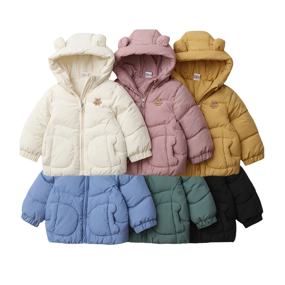 

2025 Kids Warm Winter Cotton Coat Candy Color Bear Ear Hooded Thickened Warm Kids Jacket 1-4Y Toddler Outerwear
