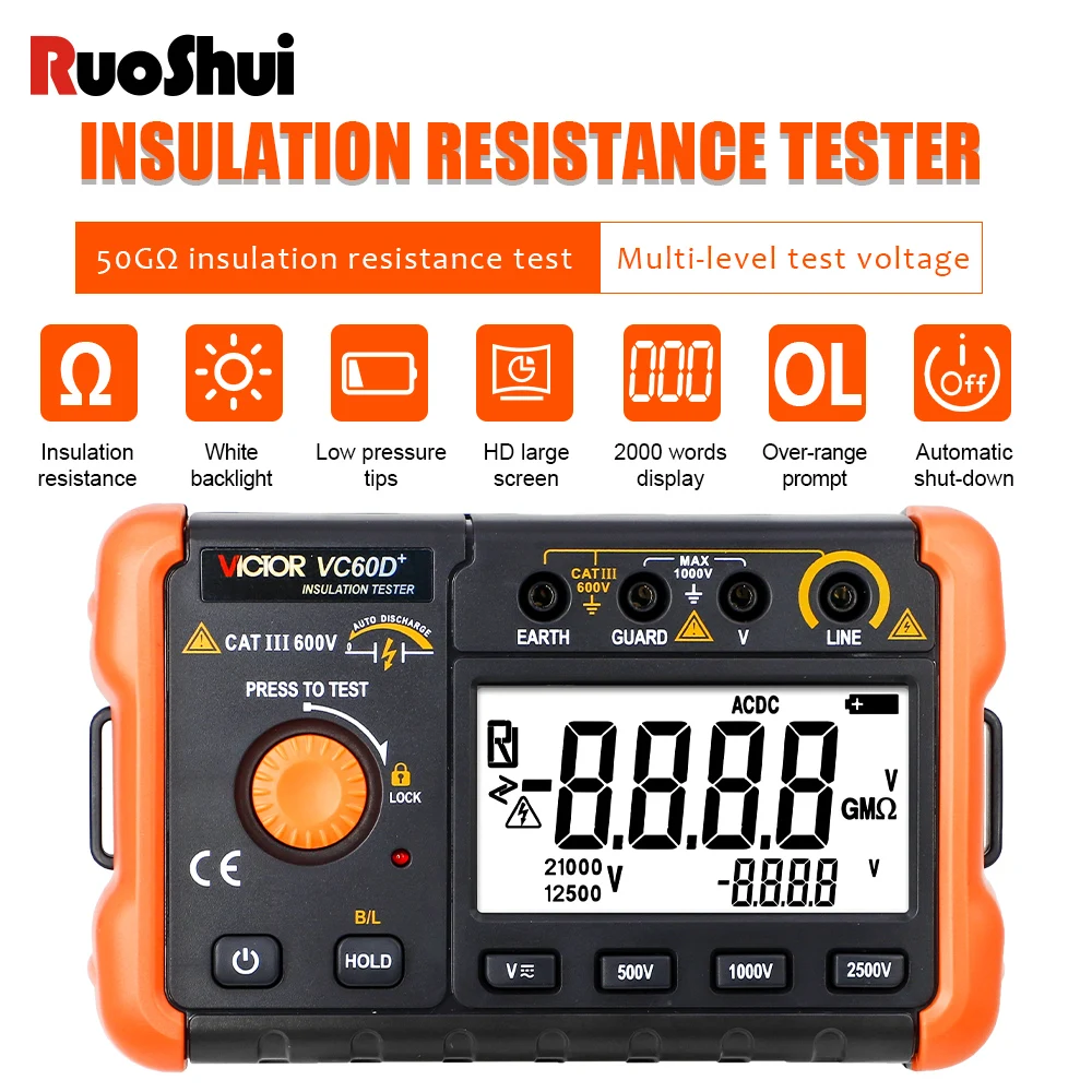 RuoShui 60D Plus 0,6 МОм-50 ГОм цифровой тестер сопротивления изоляции земля высоковольтный вольтметр мегаомметр