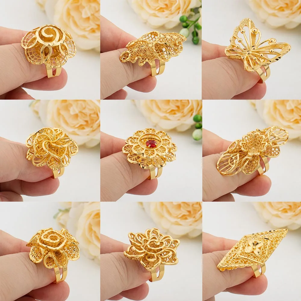 9PCS Random Rings Dubai 18K Gold Plated Flower Ring Brazilian Women Wedding Bride Jewellery Resizable Ring Jewelry Accessories