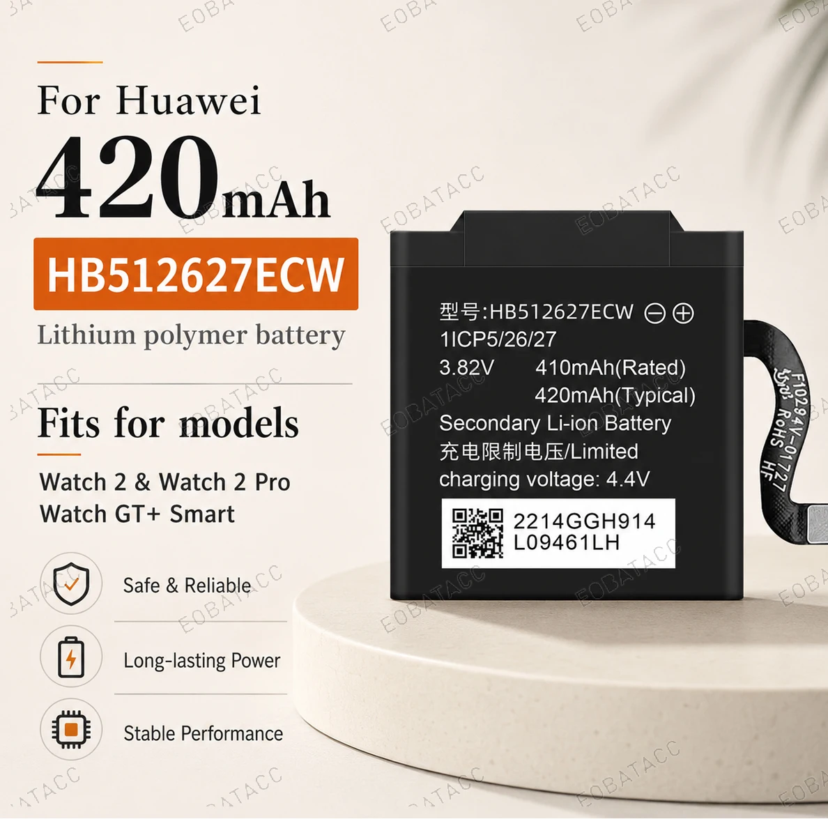 Brand New 420mAh HB512627ECW Battery for HUAWEI Watch 2/Watch 2 Pro Repair Tools Kit
