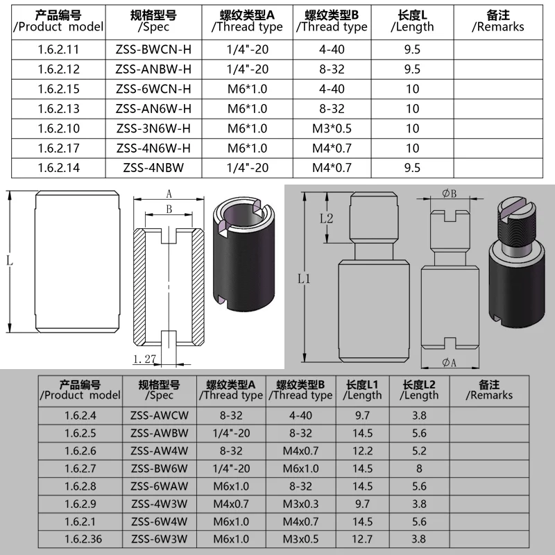 Conversion screws/ bolts/ screws External rotation, external rotation inside, inner rotation thread adapter Optical