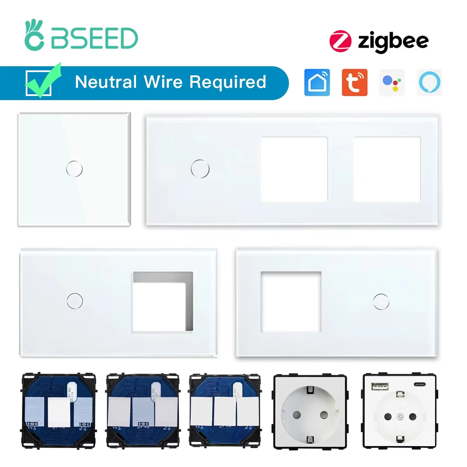 BSEED Zigbee 1/2/3Gang Touch Schalter 1/2/3Weg Funktion Basis EU Buchse Smart Stecker Glas Panel Buchse Rahmen DIY Kostenlose Kombinieren