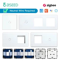 BSEED Zigbee 1/2/3Gang Touch Switches 1/2/3Way Function Base EU Socket Smart Plug Glass Panel Socket Frame DIY Free Combine