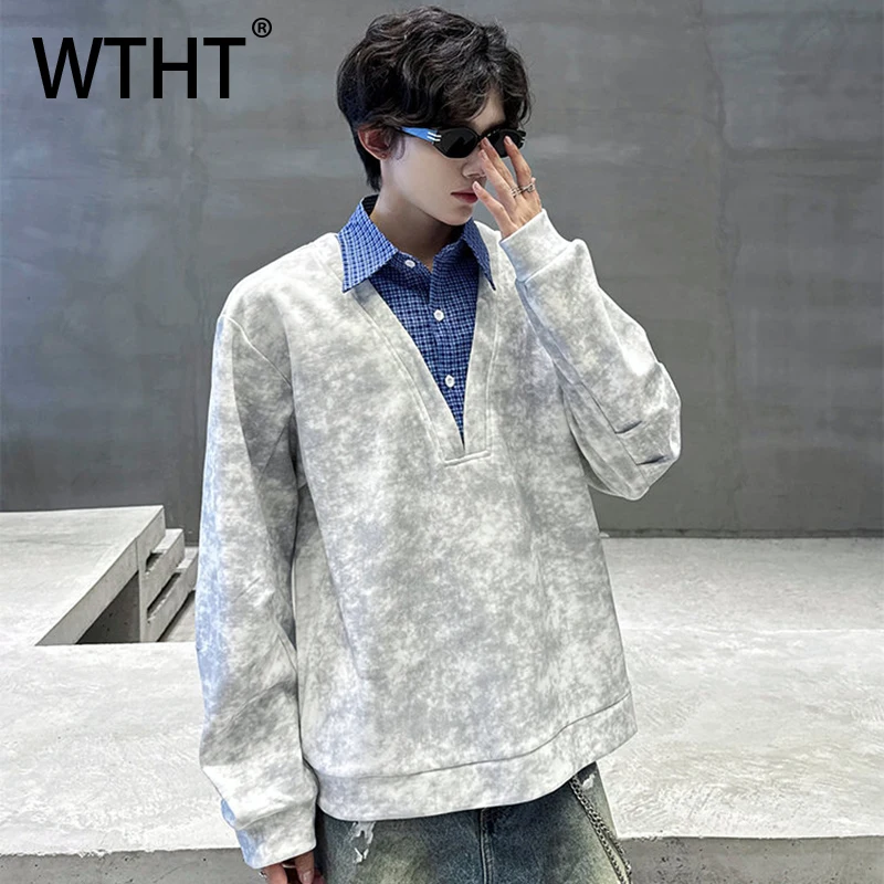 

WTHT модные мужские повседневные футболки в клетку с принтом тай-дай, модные осенние футболки 2023, топ с длинными рукавами и отложным воротником, мужской 2A1546