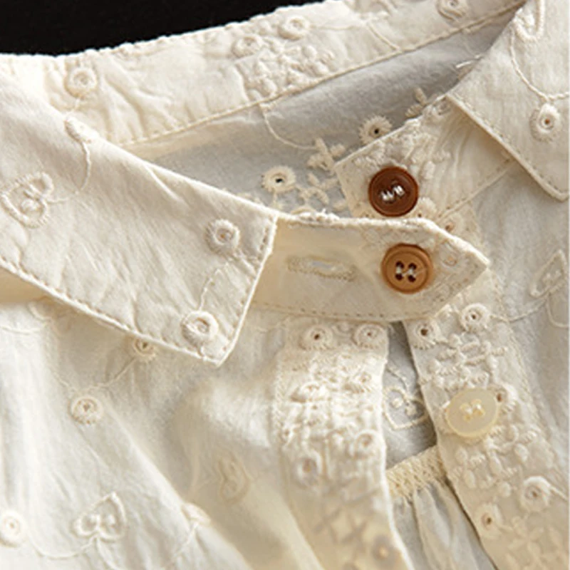 New 2025 Spring Cotton Long Sleeve Shirt, Women Turn-down Collar Embroidery, Mori Girl OL Vintage French Loose Blouse T54114CC