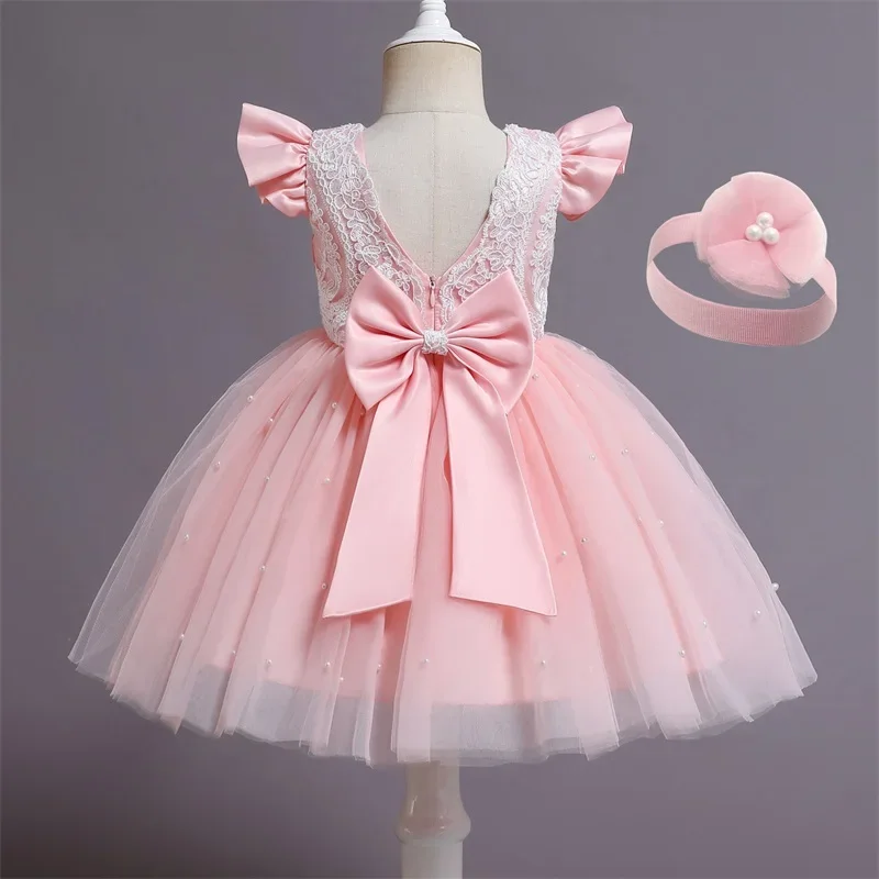 Summer Princess Baby Girls Tutu Dress Weddings Party Dress Birthday Dresses for Toddler Kids Pearls Bow Costumes Lace Gown 1-5Y