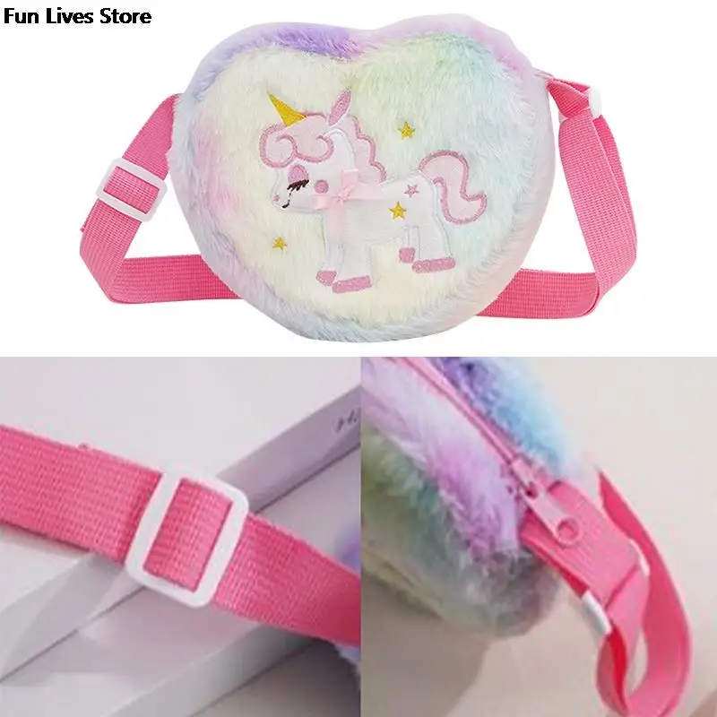 Borse a forma di unicorno a forma di cuore borsa a tracolla per bambini in cartone animato borse a tracolla in peluche cinture regolabili borse borse da scuola per bambini