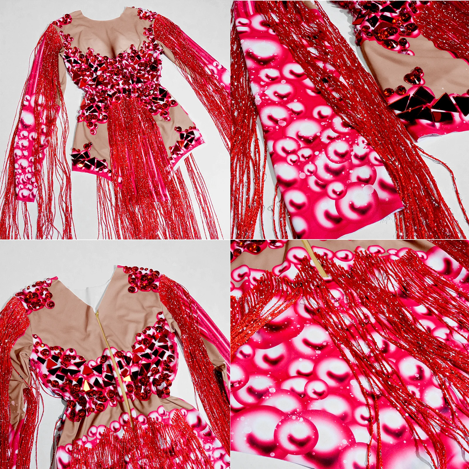 ชุดบอดี้สูทสีแดงประดับกระจกและคริสตัล สำหรับนักร้อง นักเต้น งานวันเกิด ปาร์ตี้ไนต์คลับ แดร็กควีน ชุดแสดงบนเวที