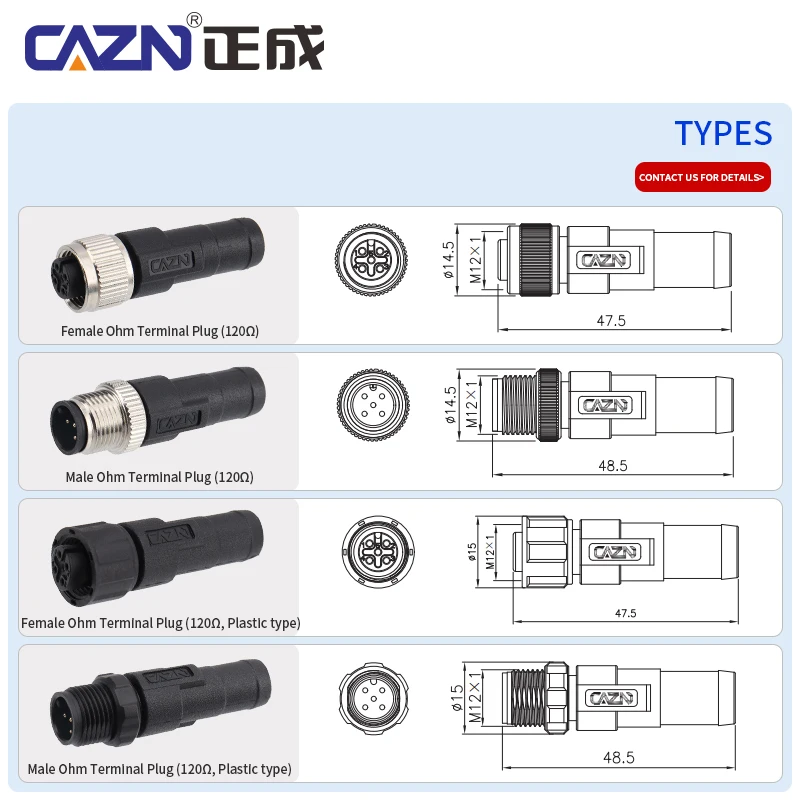 Industrial M12 Ohm Terminal Plug Straight Male Female Aviation IP67 Connectors Plug For Digital Communication