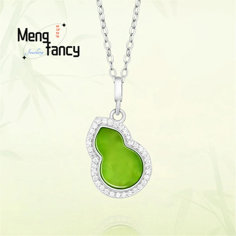 

Natural Apple Green Old Material Hetian Jade Gourd S925 Silver Inlaid Genuine Jade Pendant Exquisite Luxury Fashion Fine Jewelry