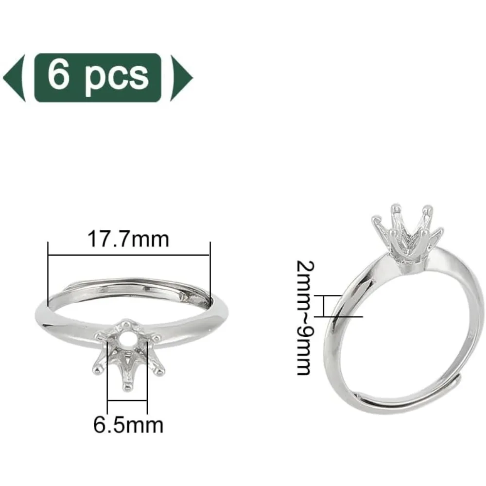 6 Pcs Brass Ring Bases Adjustable Prong Ring Settings Platinum Ring Blank Finger Ring Findings for Crafting Jewelry Making kit