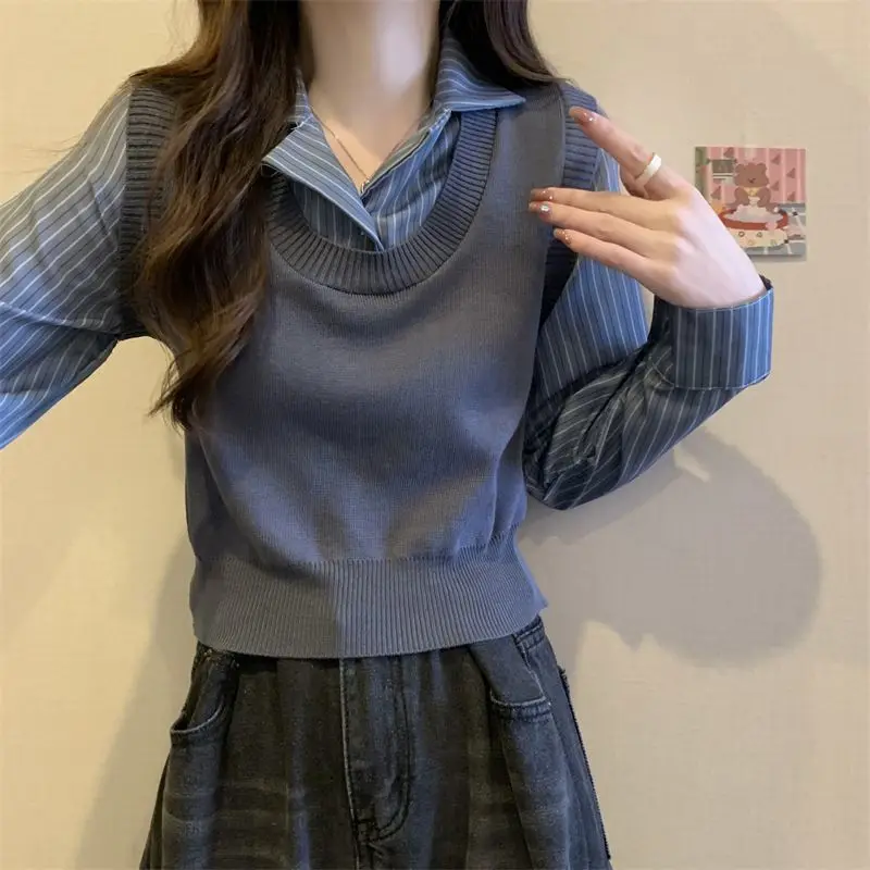 Spring Autumn Fake Two Pieces Sweater Women Fashion Turn-down Collar Long Sleeve Button Pullovers Elegant Striped All-match Tops