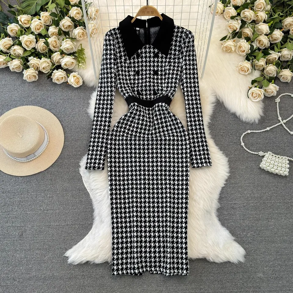Fashion Black White Checkered Houndstooth Dress Women Long Sleeve Sheash Pencil Midi Dresses Office Lady Double Breasted - AliExpress 200000345 Fashion Black White Checkered Houndstooth Dress Women Long Sleeve Sheash Pencil Midi Dresses Office Lady Double Breasted - AliExpress 200000345