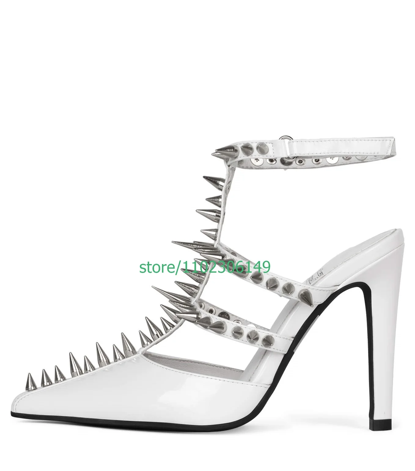 Lady Strappy Pointed Toe Heeled Mule Spikes Design High Heels Black White Sexy Slingback High Heels Ankle Strap Solid Footwear