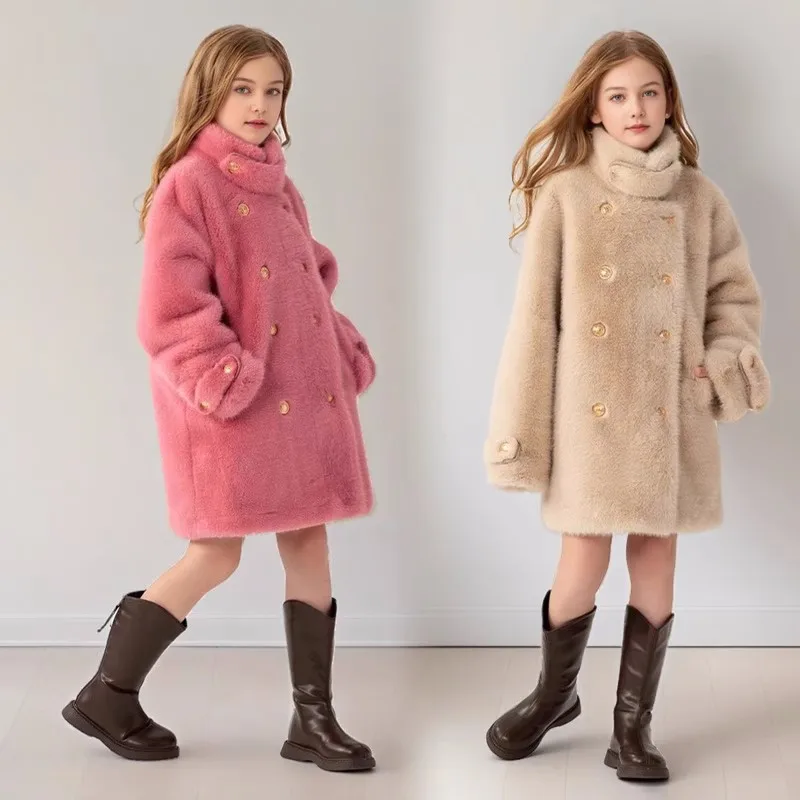 

Winter Warm Girls Fashion Double-Breasted Cotton Lined Faux Fur Jackets School Kid Thick Coat Children Outfit Windbreaker 5-14Yr
