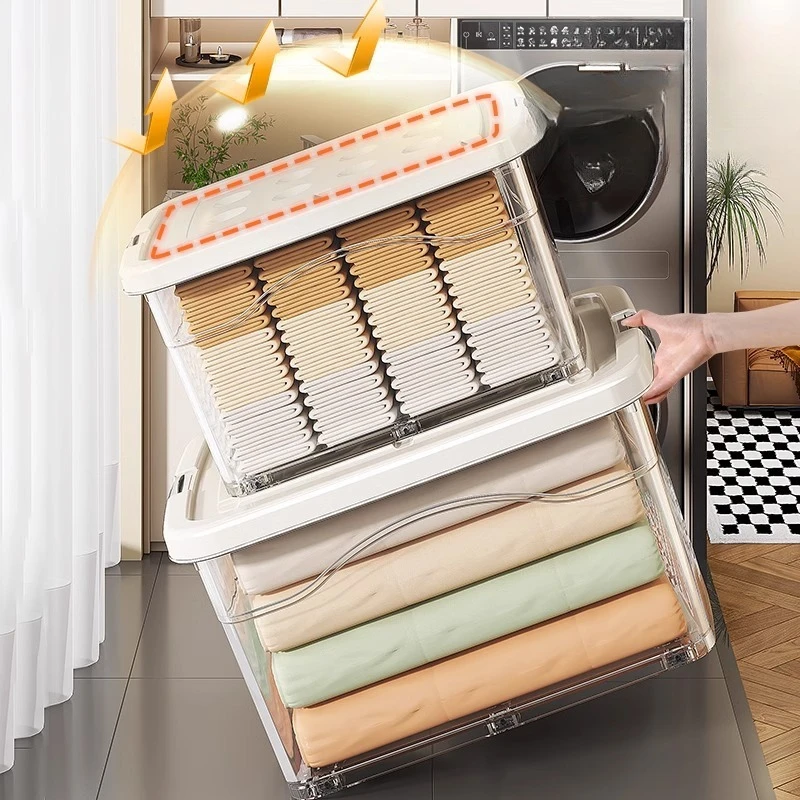 Extra Large Transparent Plastic Storage Box High Capacity Stackable Clothes and Toys Organizer Closet Wheeled Bin Household