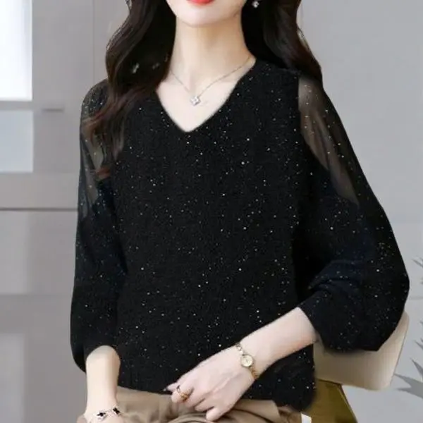 2025 New Autumn Women Loose and Bright Silk Style Casual and Slim Base Top