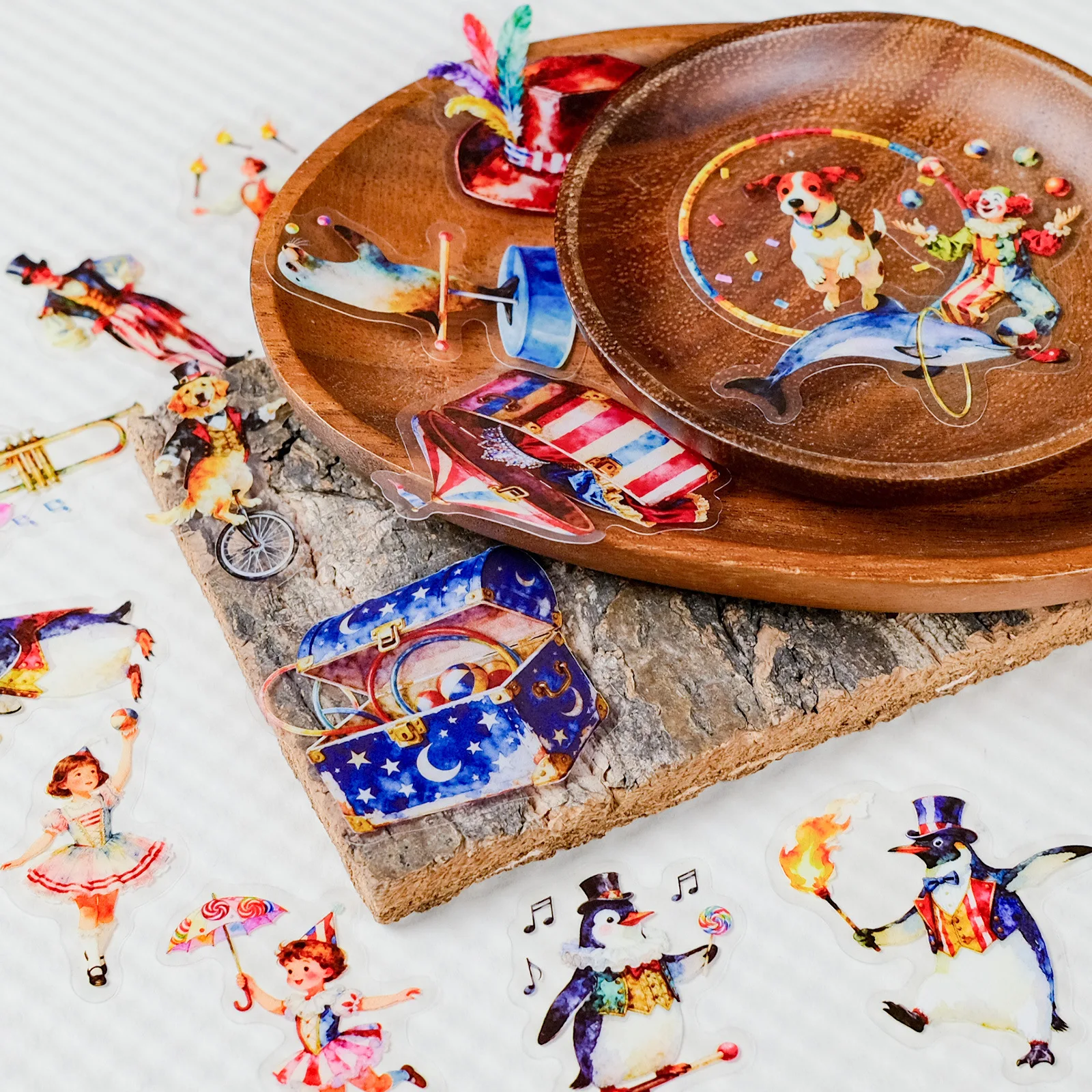 56Pcs Pack Colorful Circus Clown Animal Stickers, Transparent Decals for Stationery Desk Suitcase Fridge Helmet Gift Box Decor