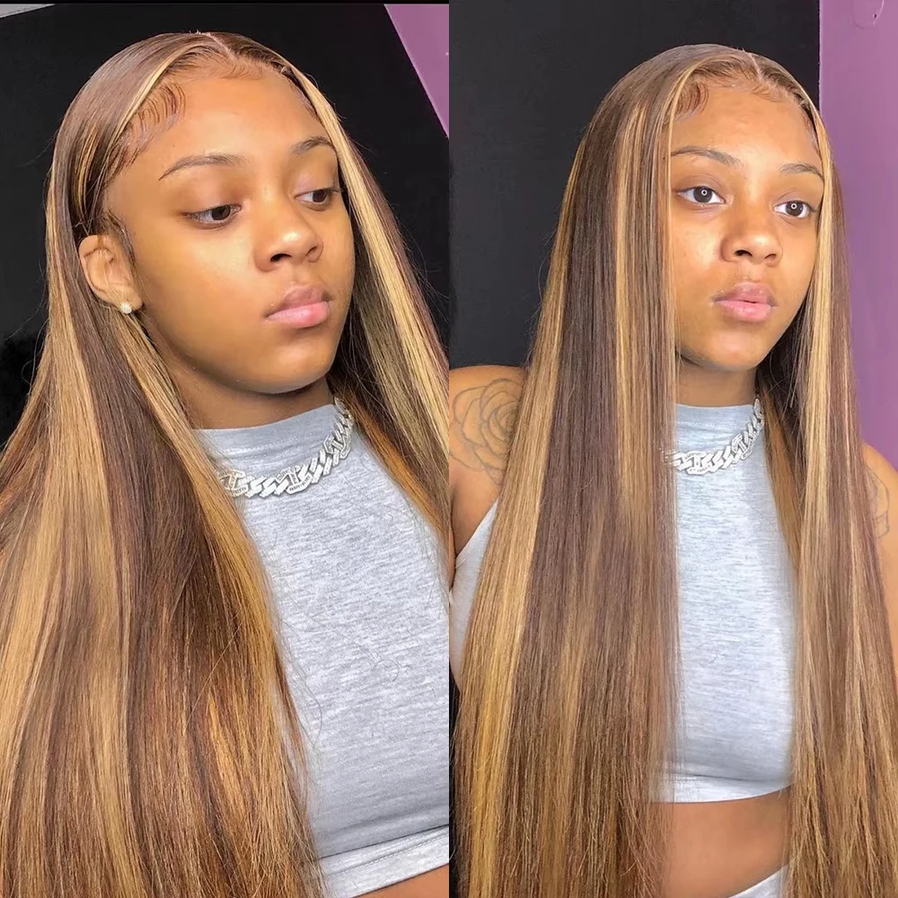 

38-40 дюймов, прямой парик с хайлайтами, из натуральных волос, плотность 220, парик с HD-кружевом 13x6, цвет P4/27 медово-блонд, парик с HD-кружевом 13x4 для женщин