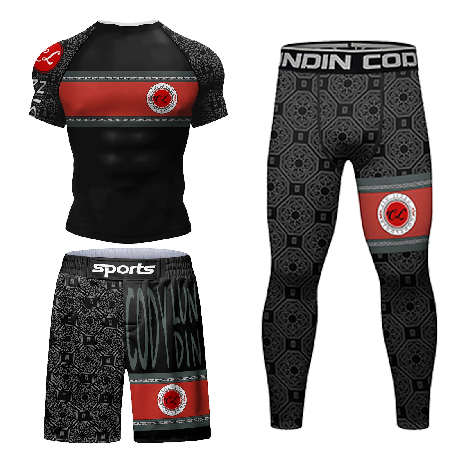 MMA Compression 4pcs/Set Men's Short Sleeve Rashguard + Long sleeve rashguard +Compression Pants + Fight Shorts for BJJ Training