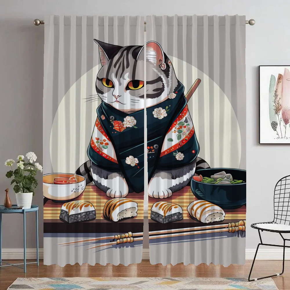 

Sushi Cat Home Interior Curtains for Living Room Shades Partition Blackout Curtain for Room 2 Panel Halloween Decoration Kitchen