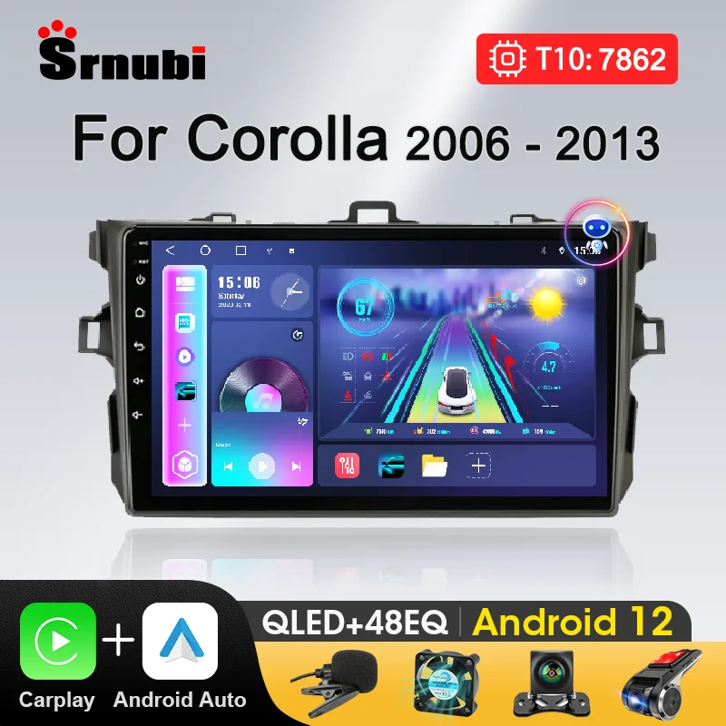 

Srnubi 9'' Android 12 Carplay Auto Car Stereo Radio for Toyota Corolla E140/150 2006-2013 GPS DSP Multimedia Player 2Din 4G Wifi