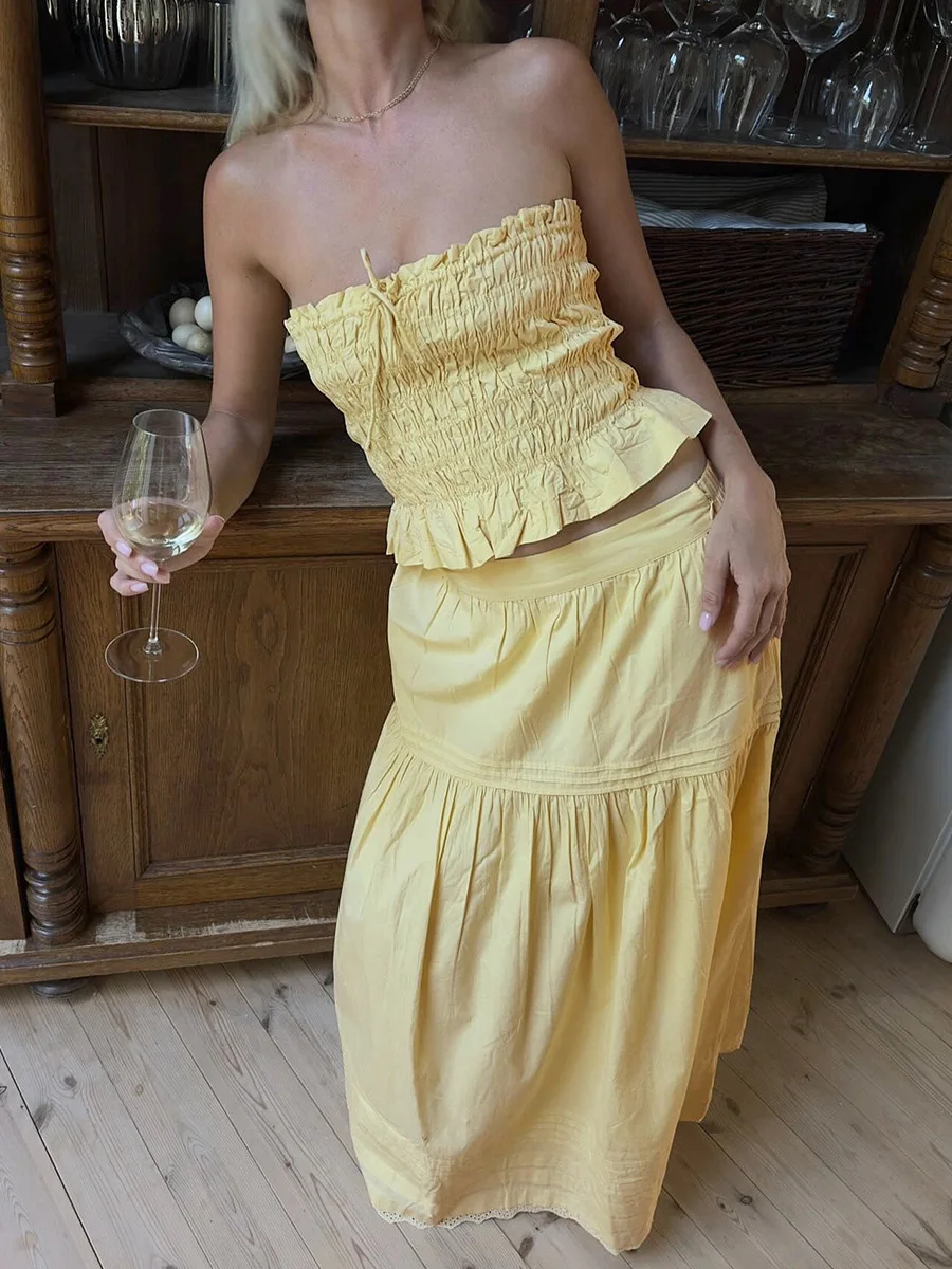 

Spring Autumn Fold Tube Top and Skirt Suit Women Sleeveless Tube Top+high Waist Loose Knee Length Skirt Female Two Piece Set