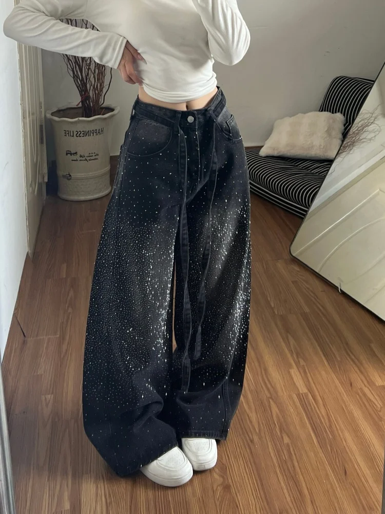 

American Sle Loose Fit High Waist Denim Jeans Women's Vintage Glitter Design Wide Leg Pants Casual Wear Spring Season