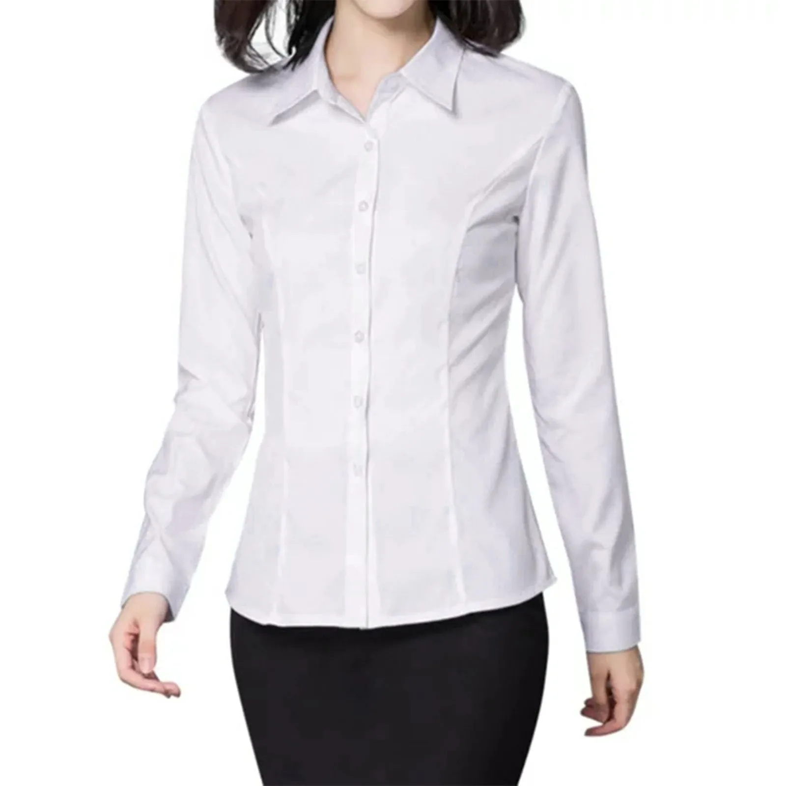 Women\'s Shirt Large Size Solid Colour Fashion Versatile Long Sleeve Shirt Blouse Flip Lapel Button Slim Business Blouse Shirt