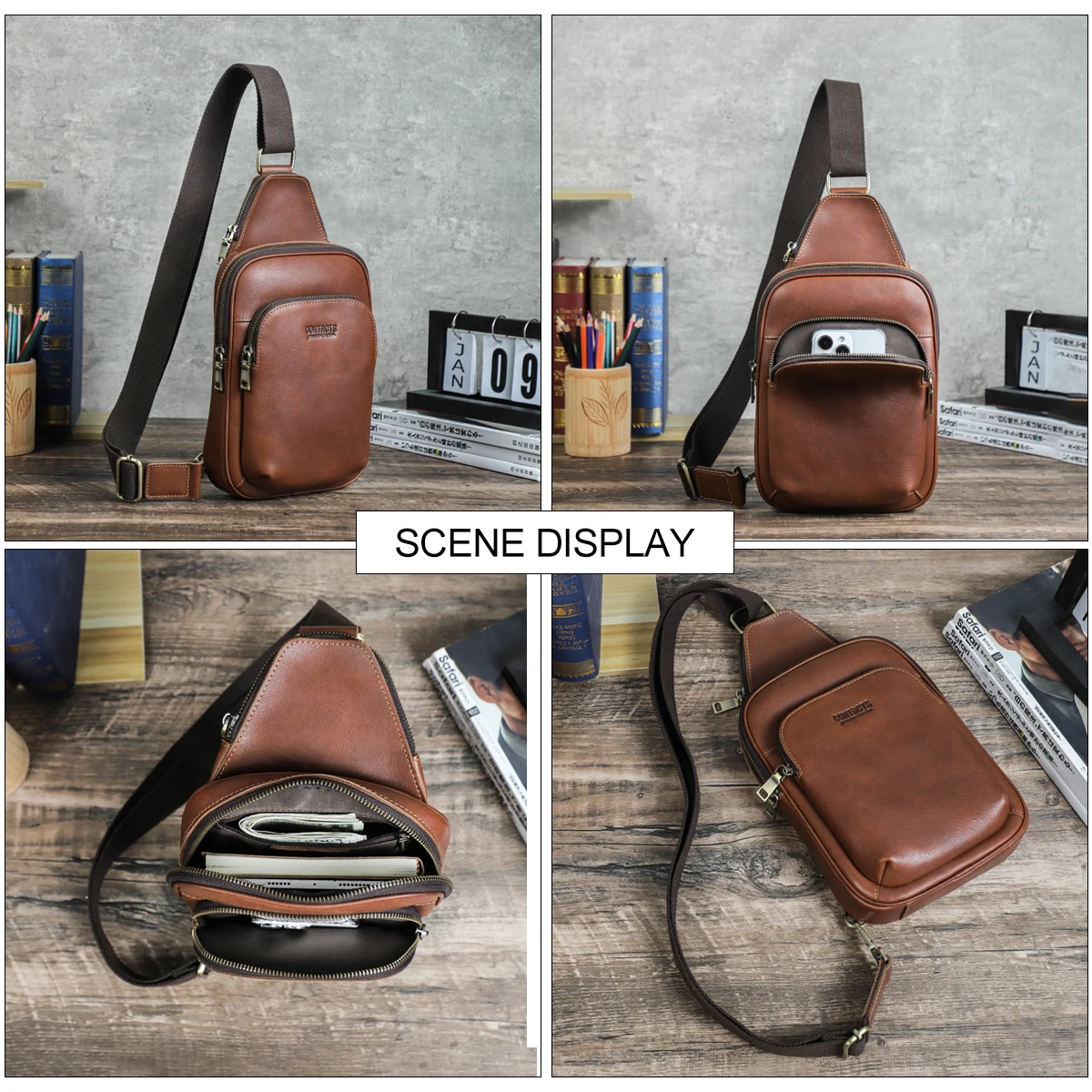 CONTACT'S Genuine Leather Small Chest Bags for Men Brand Mini Backpacks Crossbody Bags Men's Travel Bags for 8.3 inch iPad Mini