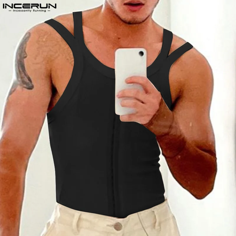 2023 Men Tank Tops O-neck Sleeveless Button Summer Solid Color Crop Tops Men Fitness Sexy Streetwear Stylish Vests S-5XL INCERUN