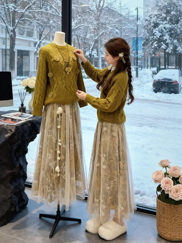 

2025 Winter Fashion Set Large Size Knitted Sweater And Skirt Yellow Mustard Hook Flower Design Warm And Stylish Women's ...