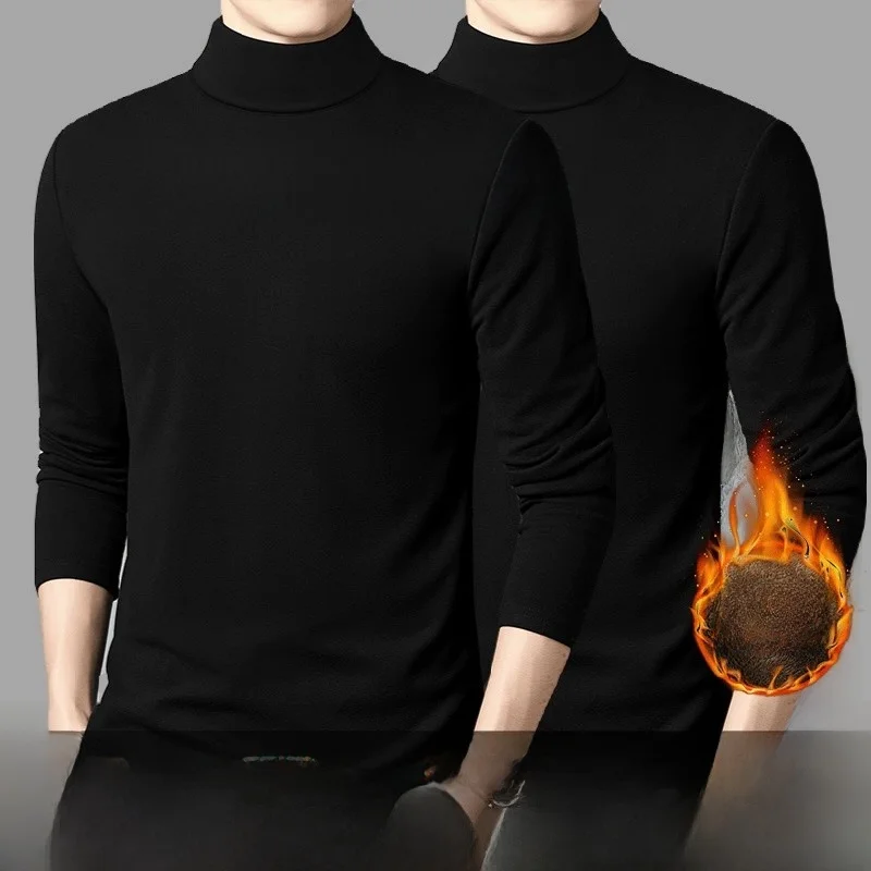 قميص رجالي بأكمام طويلة مبطن بالصوف الدافئ، قميص ضيق للعمل بياقة نصف عالية، طبقة أساسية للخريف والشتاء #4