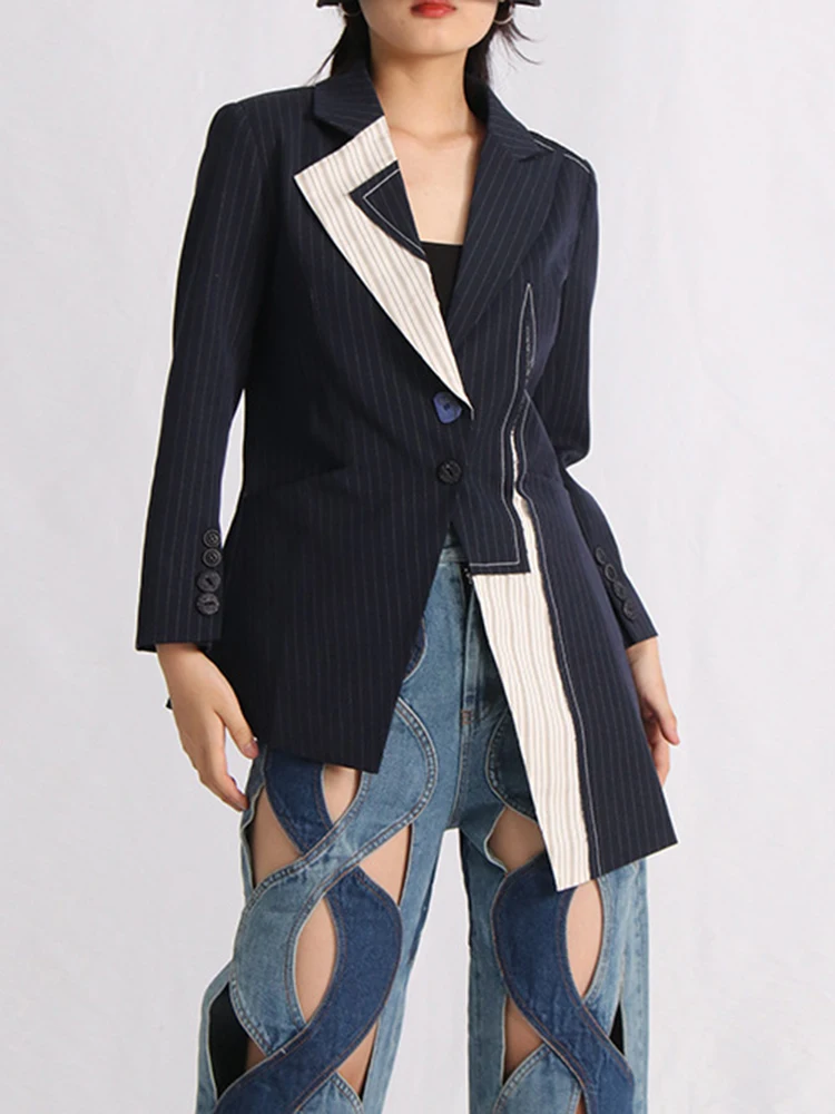 DEAT Fashion Women\'s Stripe Blazer Patchwork Notched Waist Retraction Irregular Hem Slim Suit Jackets Summer 2024 New 1DH5930