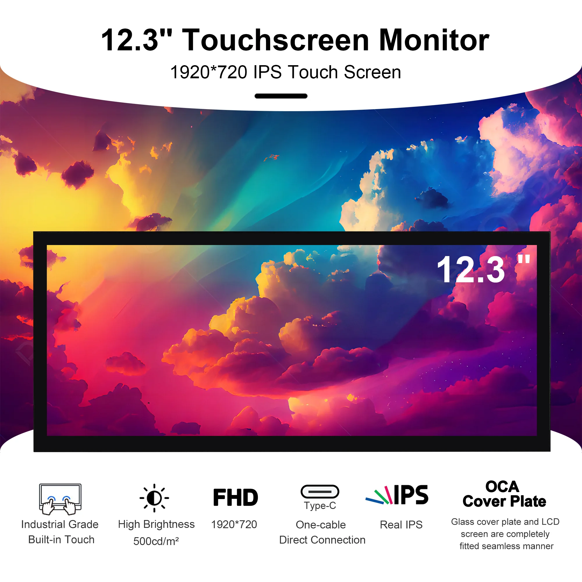 12.3 Inch 1920x720 Touch Portable Monitor Stretched Bar Screen Gaming Monitors for Raspberry Pi 5/4 Laptop Phone Vehicle PS5