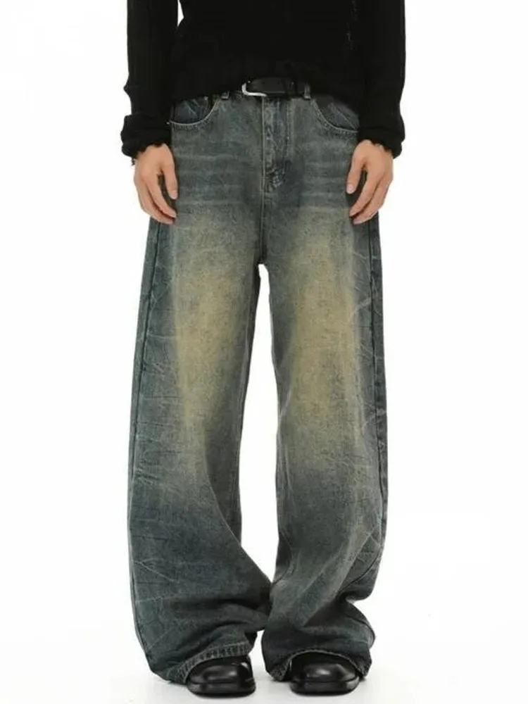 Men's Yellow Mud Washed Distressed Jeans Loose Straight Drapey Casual Denim Long Pants Vintage Trendy Loose Trousers N6GO
