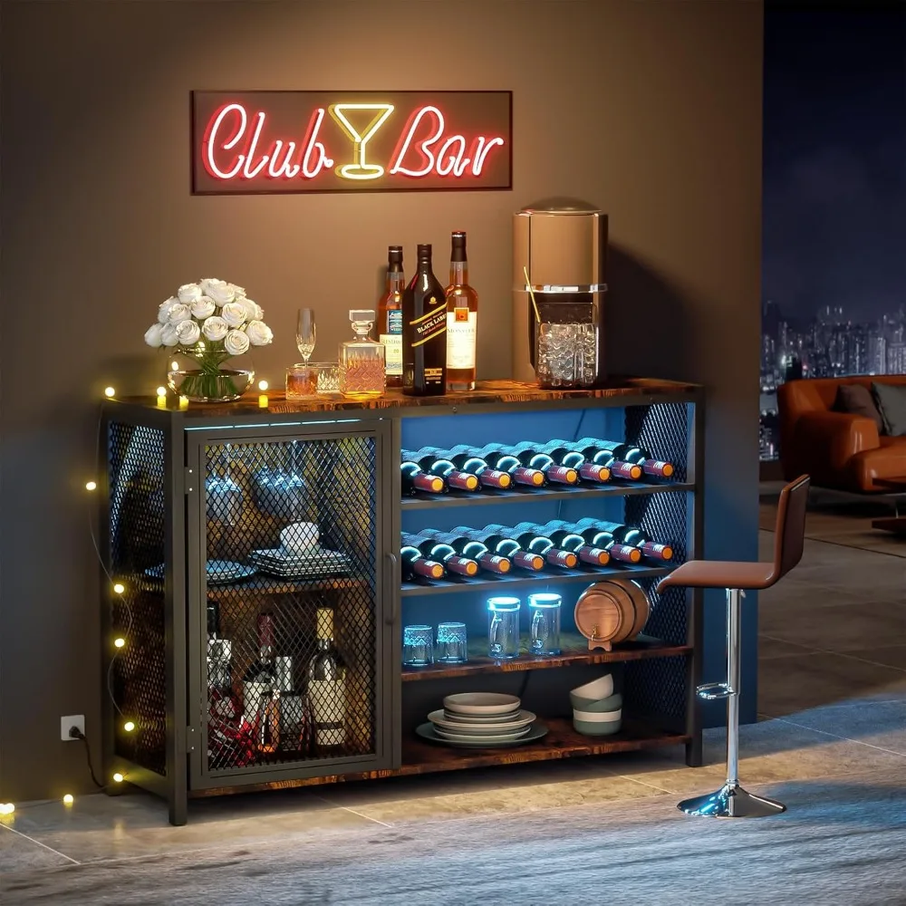 Bar Cabinets for Home,LED Coffee Bar with Power Outlets,47 Inch Sideboard,Industrial Liquor Cabinet with Wine Rack Glass Holder