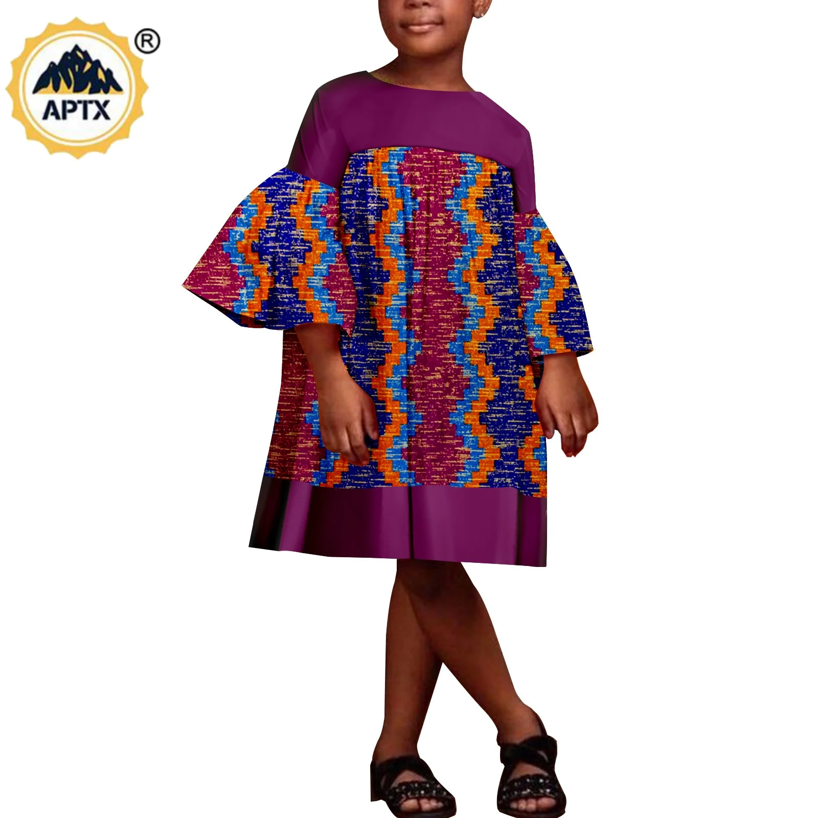 African Ankara Print Patchwork Dress for Kids Girls Dashiki Cotton Children Outfits Flare Sleeve Knee-length Costume Y234007