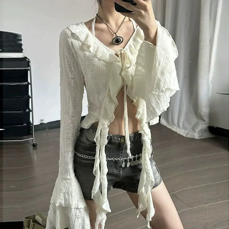 Deeptown Vintage Fairycore Women Blouses Elegant Flare Sleeve Ruffle Tops Sexy Lace Up Shirts Hollow Out Aesthetic Crop Cardigan