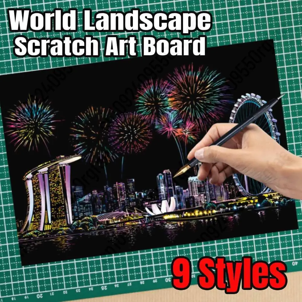 Magic Rainbow Color Scratch Art Painting Paper Card Kit World Landscape Drawing Board Kids DIY Educational Toys New Year Gifts