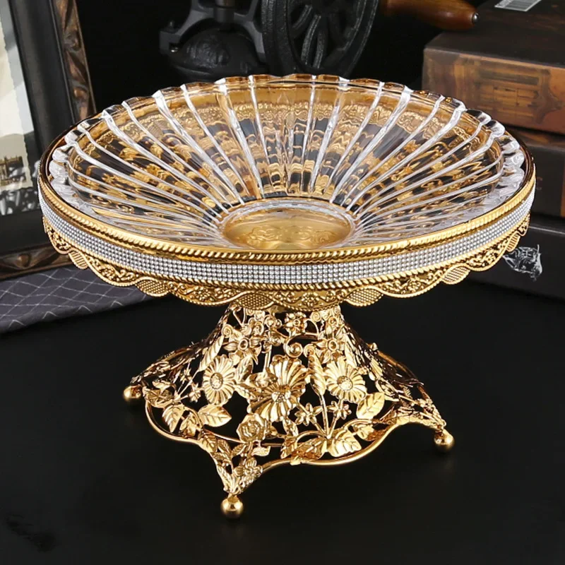 Iron Metal Crystal Glass Fruit Tray Home Decor Living Room Coffee Table Household Ornaments