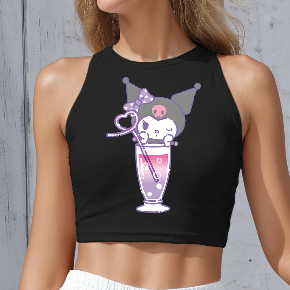 

KAWAII CLOTHES Round Neck Tank Top Cartoon Kuromi Print Tight Fit Women's Summer Vest Sizes S-XL Streetwear Y2K
