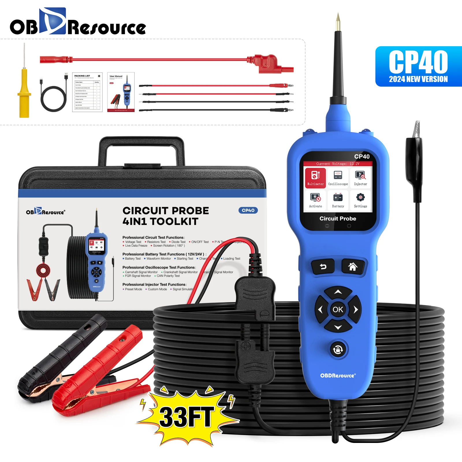 4-in-1 Automotive Circuit Probe Tester CP40 with Oscilloscope Test 0-80V 33FT/10M Extension Cable Battery Injector Nozzle Tester